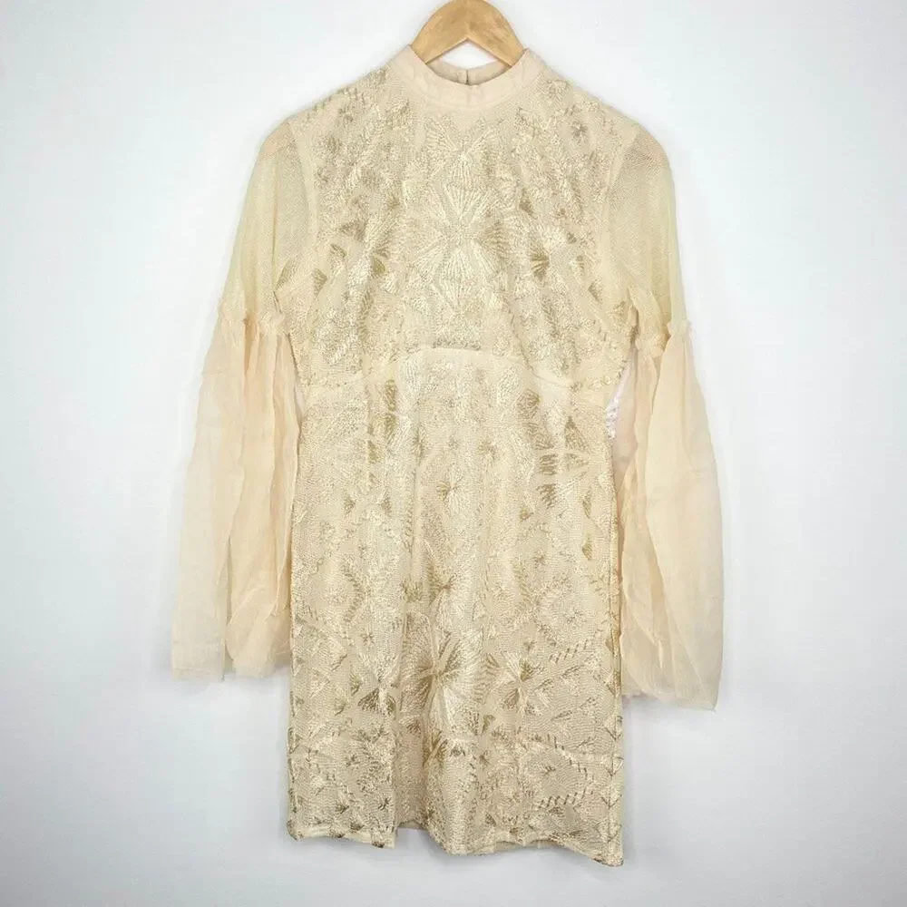 Free People Mini Boho Dress Women Size 0 Cream Embroidered Witch‎ Fairy Concert